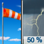 Today: A 50 percent chance of showers and thunderstorms after noon.  Increasing clouds, with a high near 68. Breezy, with a west wind 11 to 15 mph, with gusts as high as 25 mph. 
