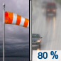 Today: Rain, mainly between 3pm and 5pm.  High near 55. Breezy, with a south wind 18 to 23 mph, with gusts as high as 36 mph.  Chance of precipitation is 80%. New precipitation amounts of less than a tenth of an inch possible. 