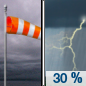 Today: A 30 percent chance of showers and thunderstorms, mainly after 1pm.  Cloudy, with a high near 71. Breezy, with an east wind 10 to 15 mph, with gusts as high as 25 mph. 