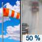 Tuesday: A 50 percent chance of rain, mainly after 3pm.  Snow level 6900 feet rising to 8300 feet in the afternoon. Increasing clouds, with a high near 48. Breezy, with a southwest wind 18 to 23 mph, with gusts as high as 34 mph. 
