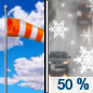 Today: A slight chance of snow between 4pm and 5pm, then a chance of rain.  Increasing clouds, with a high near 37. Breezy, with a southeast wind 15 to 25 mph, with gusts as high as 35 mph.  Chance of precipitation is 50%. Little or no snow accumulation expected. 