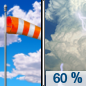 Tuesday: Showers and thunderstorms likely after 1pm.  Increasing clouds, with a high near 85. Breezy, with a south wind 13 to 23 mph, with gusts as high as 33 mph.  Chance of precipitation is 60%. New rainfall amounts of less than a tenth of an inch, except higher amounts possible in thunderstorms. 