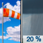 Today: A slight chance of showers before 4pm, then a chance of sprinkles between 4pm and 5pm.  Increasing clouds, with a high near 70. Breezy, with a south southwest wind 15 to 20 mph, with gusts as high as 35 mph.  Chance of precipitation is 20%.