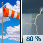 Saturday: Showers and possibly a thunderstorm after 1pm. Some of the storms could produce heavy rainfall.  High near 80. Breezy, with a south wind 21 to 25 mph, with gusts as high as 38 mph.  Chance of precipitation is 80%.