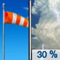 Today: A 30 percent chance of showers and thunderstorms after 4pm.  Increasing clouds, with a high near 81. Breezy, with a south wind 15 to 18 mph, with gusts as high as 34 mph. 