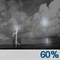 Tuesday Night: Showers and thunderstorms likely before 1am, then showers likely and possibly a thunderstorm after 1am.  Partly cloudy, with a low around 66. Chance of precipitation is 60%.